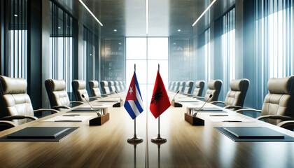 A modern conference room with Cuba and Albania flags on a long table, symbolizing a bilateral meeting or diplomatic discussions between the two nations.