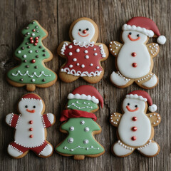 Fototapeta premium Galletas de navidad de jengibre con formas de muñecos de nieve con gorro de Papá Noel, pinos decorados con elementos navideños, sobre superficie de madera