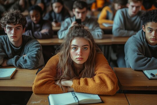 High angle shot of disinterested students sitting at desk with notebooks and mobile phones distracting from lecture at university class, Generative AI