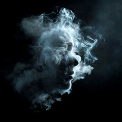 Ethereal smoke trails forming a haunting visage in dark surroundings at twilight