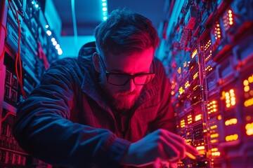 High angle shot of system administrator setting up server network in data center lit by neon light, Generative AI