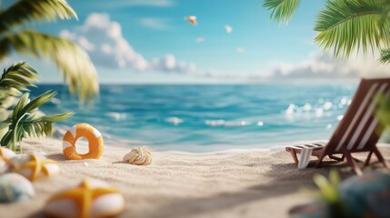 Obraz premium A serene beach scene with a lifebuoy, shells, and a lounge chair by the water.