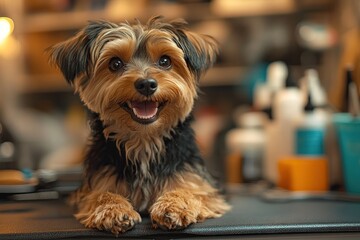 A small, brown and black Yorkshire Terrier dog sits on a grooming table, looking up with a happy expression.