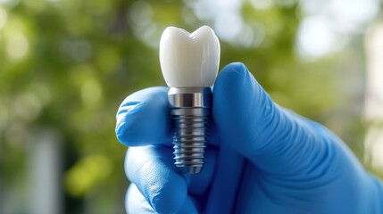 A dental implant held in a gloved hand, showcasing dental technology.