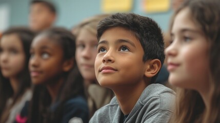 A group of children attentively listening in a classroom setting.