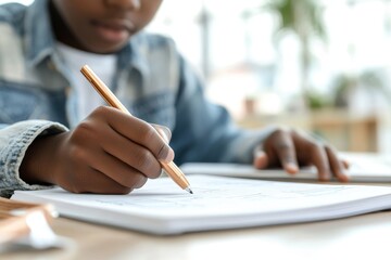 Close up of unrecognizable African-American man reading Braille book in college library, copy space, Generative AI