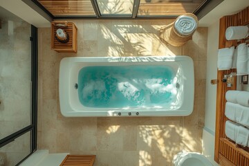 Top view of hotel bathroom interior with bathtub and toilet, panoramic window, Generative AI