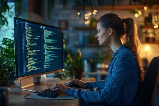 Young female IT specialist writing codes of new software on computer while sitting at her workplace at office, Generative AI