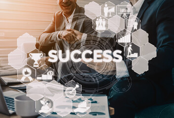 Achievement and Business Goal Success Concept - Creative business people with icon graphic...