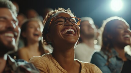 Obraz premium A joyful audience member laughing in a theater, enjoying a performance.