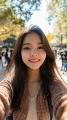 Obraz premium Vertical POV of Asian young woman taking selfie photo outdoors on college campus, Generative AI