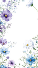 Floral border with purple and blue flowers on white background, elegant design for invitations or cards