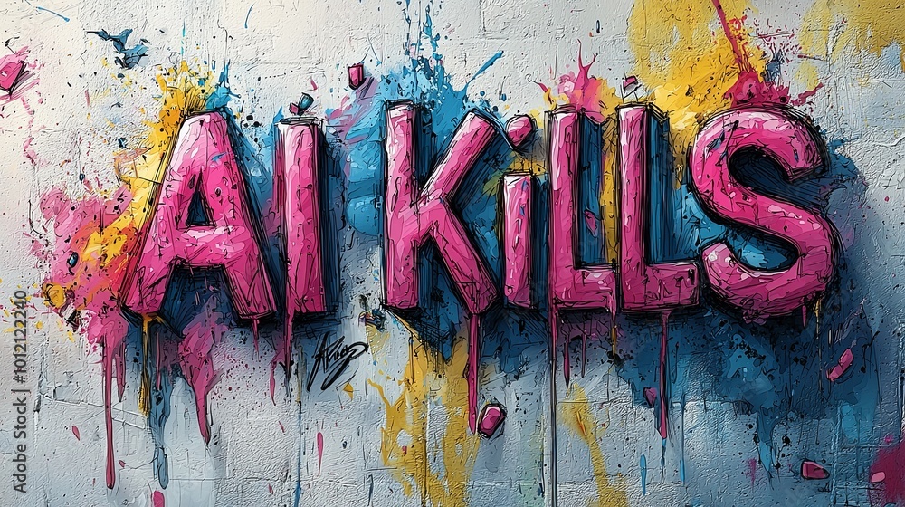 Poster the phrase 'ai kills', painted in dynamic graffiti style with vivid colors and splatters, evokes a m