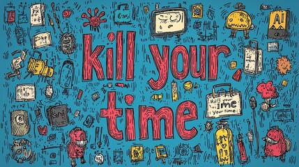 Colorful doodle art piece features the bold phrase 'kill your time', surrounded by various whimsical objects, highlighting chaotic creativity.
