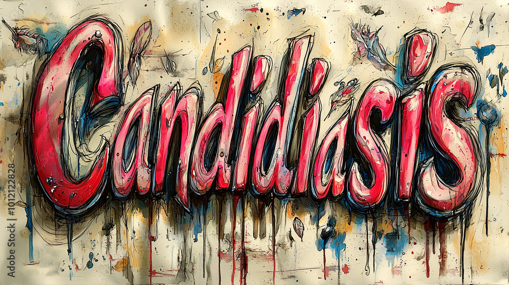 Poster a vibrant graffiti-style art featuring the word 'candidiasis' creatively depicted in shades of red w