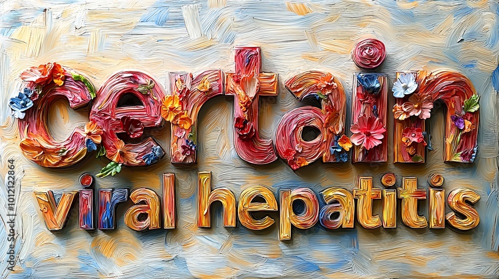 Poster a bold, abstract depiction of 'certain viral hepatitis' using a floral mosaic style, blending vibran