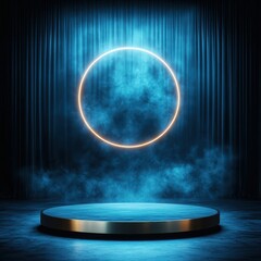 Glowing Circle Neon Light with Smoke and Stage Platform.