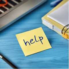 A sticky note with the word "help" written on it, placed on a desk with office supplies.