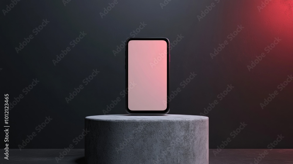 Poster a minimalist smartphone display on a pedestal with soft lighting.