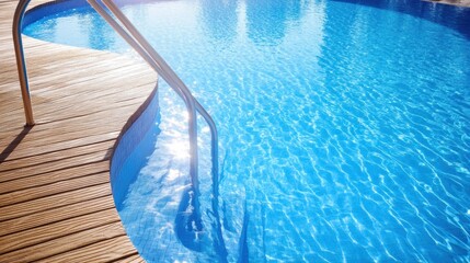 Obraz premium A clear blue swimming pool with a wooden deck and a metallic ladder.