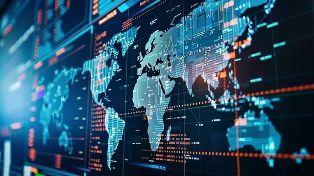 Digital world map displayed on multiple screens showing active network connections, providing global cybersecurity and data protection