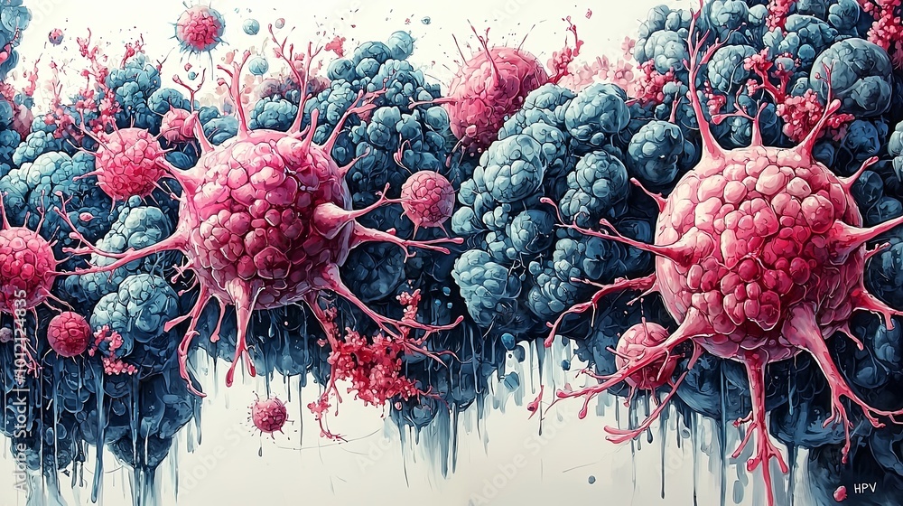 Poster this image artistically depicts viral structures with vibrant colors and complex forms, emphasizing 