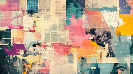 A vibrant abstract composition blending colors and textures with newspaper clippings.