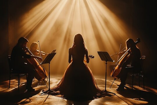 Rear view of unrecognizable female orchestra musician playing violin with string quartet in spotlight on stage with black curtains, Generative AI