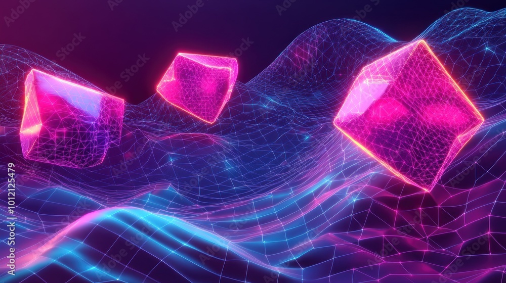 Sticker a digital abstract scene featuring glowing geometric shapes over a wavy grid background.