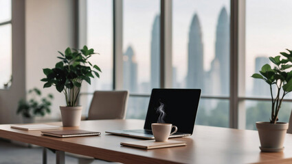 Fototapeta premium Morning workplace with coffee in a modern comfortable office