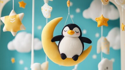 Naklejka premium A cute penguin plush hanging on a crescent moon against a colorful, whimsical background.