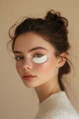 Naklejka premium Minimal half portrait of youthful girl wearing moisturizing eye patch looking at camera on beige background copy space, Generative AI