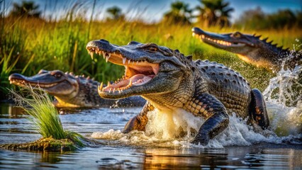 Fototapeta premium Dramatic Alligator Attack in a Marshy Wetland Captured in Stunning Detail and Vivid Colors