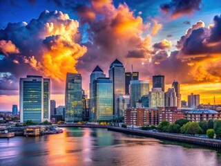 Fototapeta premium Dramatic Clouds Over Canary Wharf Skyline with Modern Architecture and Urban Landscape at Dusk