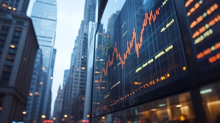 Fototapeta premium Forex graph changes, candlesticks and lines with bars. New York skyscrapers, Generative AI
