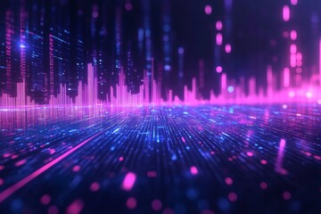 Concept of stock market and fintech data analysis. Blue and violet digital bar charts over dark blue background. Futuristic financial interface, Generative AI