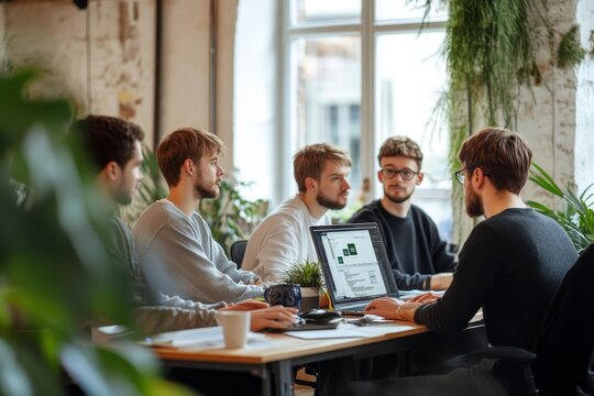 Group of programmers working in team with new project at table behind the window at office, Generative AI