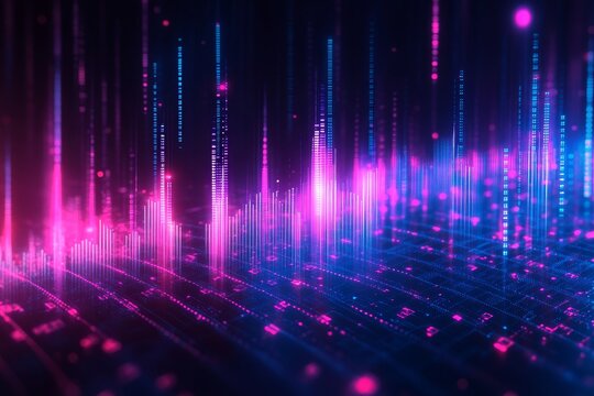 Concept of stock market and fintech data analysis. Blue and violet digital bar charts over dark blue background. Futuristic financial interface, Generative AI