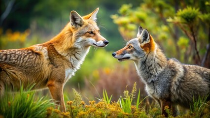 Fototapeta premium Dramatic Encounter Between a Fox and Coyote in a Natural Habitat Showcasing Wildlife Dynamics