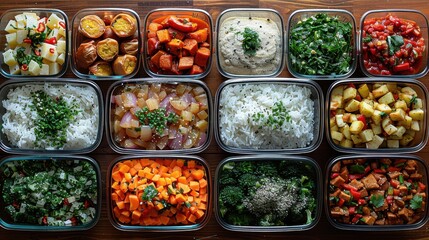 Colorful array of healthy meal prep dishes on a table