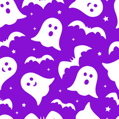 Obraz premium Halloween seamless pattern with cute cartoon ghosts. Vector background for scrapbooking, textile, fabric, wrapping paper, etc.