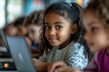 Diverse group of children using laptops in school classroom with black girl peeking at computer screen, Generative AI