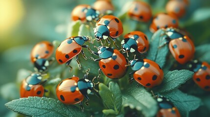 Fototapeta premium A group of ladybugs clustered together on green leaves in a garden.