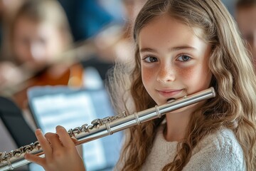 Schoolgirl sitting in front of sheet music and learning to play flute in music class, Generative AI