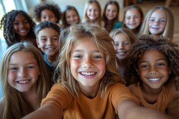 Obraz premium POV diverse group of happy children taking selfie photo together and smiling at camera, Generative AI