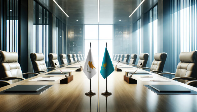 A modern conference room with Cyprus and Kazakhstan flags on a long table, symbolizing a bilateral meeting or diplomatic discussions between the two nations.