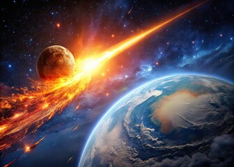 Dramatic Scene of a Meteor Approaching Earth with Fiery Tail and Explosive Impact in the Sky