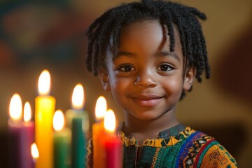 African Child Lighting Candles for Kwanzaa Holiday, Generative AI