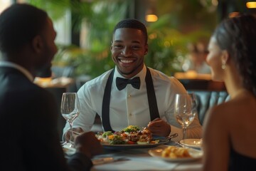 Portrait of young Black man as server bringing food on tray to couple enjoying dinner in luxury restaurant, Generative AI