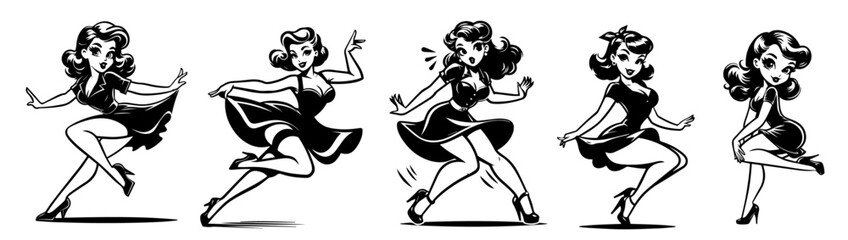 stylized pin-up women posing in retro outfits black vector